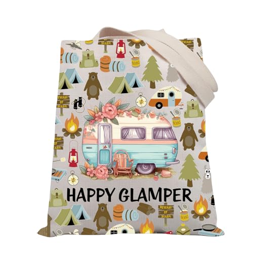 BDPWSS Camping Tote Bag For Women Camper Handbag Camping Life Gifts Happy Glamper Shopping Bag Campfire Nature Lover Gift (Happy glamper TG)