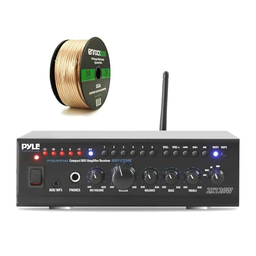 Pyle 240-Watt WiFi Bluetooth Stereo Amplifier Receiver Professional Home Theater Audio System, Enrock Audio 14-Gauge 50 Foot Speaker Wire (No Speaker)
