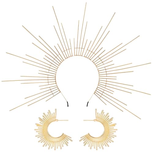 Vifcotlyp Fascia per capelli con aureola, corona da sole con orecchini a forma di sole, fascia per donne per Halloween