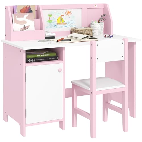 HOMCOM Ensemble Table et Chaise pour Enfant avec Tableau Blanc - Bureau pour Enfant +5 Ans 90L x 45l x 85H cm Rose