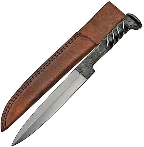 SZCO Supplies 12" Hand-Forged Railroad Spike Dagger with Twisted Handle & Leather Sheath – Full Tang Spear-Point Blade, Carbon Steel Knife for Collectors & Outdoor Use