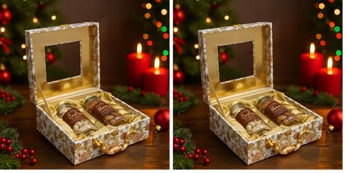 Image of Purevida Premium Decorative Wooden Gift Box with Mixed Dry Nuts - Vintage Mosaic Design, Brass Handle | Festive Dry Fruit Hamper for Christmas & New Year Gifting (Pack of 2)