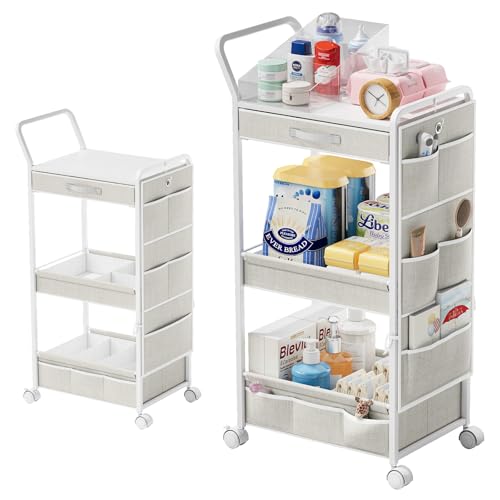 BBLIKE 3-Tier Diaper Caddy Organizer - Rolling Utility Baby Cart with Drawer and Side Pockets for Nursery and Baby Essentials, Multi-Function Cart for Bedroom and Bathroom, White