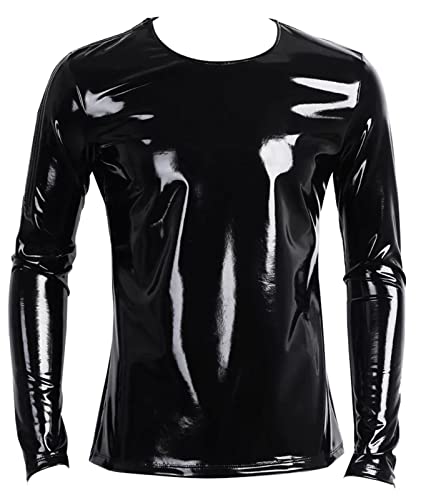 Image of Panegy Men's Liquid Shiny Leather Shirt Jacket Slim Fit Wetlook Party Nightout Club 70s /80s Disco Blouse Tshirt