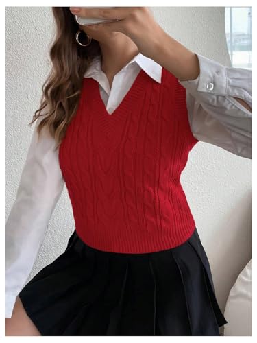 Image of Milumia Women's Cable Knit V Neck Sweater Vest Sleeveless Ribbed Crop Tank Top