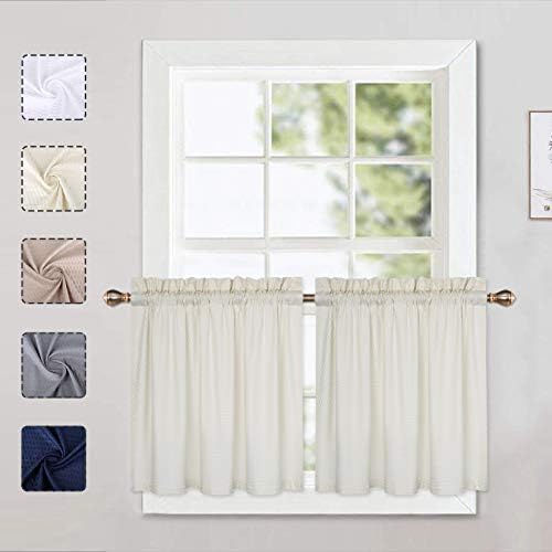 LinTimes Cream Curtain Tiers, Waffle Pattern Kitchen Curtains Cafe Curtains with Slot Top Embossed Textured Short Half Curtain Tiers Small Window Curtains, 30" W x 24" L, Cream, Set of 2