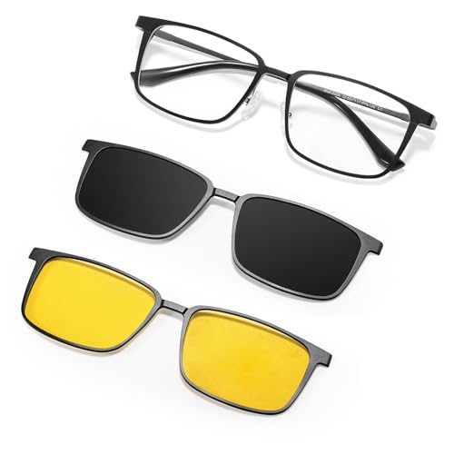 TEAPLMTT Magnetic Clip On Sunglasses for Men Polarized Retro Square Night Driving Al-Mg Glasses UV Protection(Black)