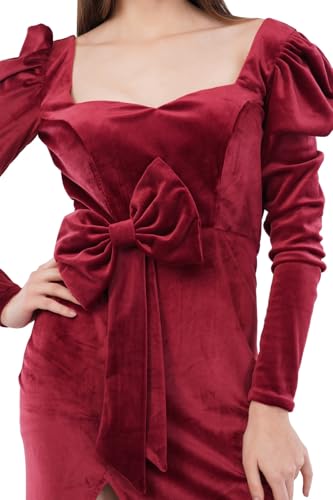 Image of Velvet Evening Gown, Long Sleeve Maxi Dress with Bow, Square Neck, Side Slit, Burgundy