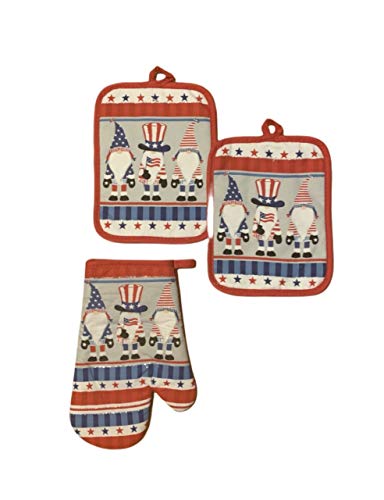 Nantucket Home Patriotic 3 Piece Cooking Set, 2 Pot Holders, 1 Oven Mitt (Patriotic Gnome)