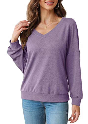 Fmeyoa Womens V Neck Sweatshirts Long Sleeve Lightweight Trendy Fall Spring Basic Shirts Tops Purple #TOP2