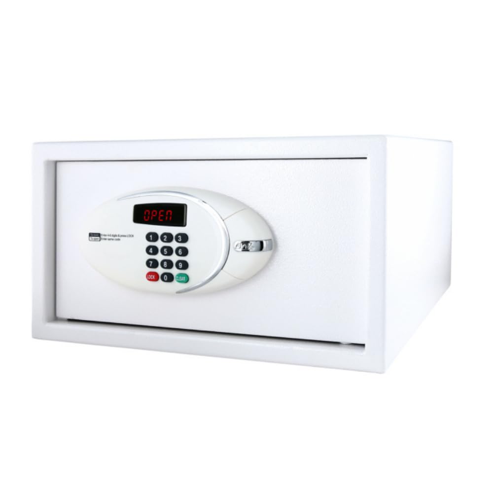 JVD Coffre-Fort Trustee Compact blanc - Coffre-fort Électronique pour hôtel - Verrouillage par code - Éclairage LED - Blocage automatique en cas d'infraction