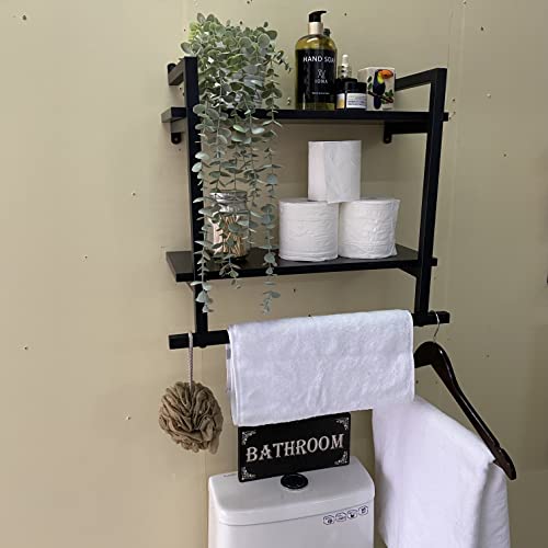 Rogmars Floating Bathroom Wall Shelves With Towel Bar Over Toilet, Black Wood Floating Storage Organizer Shelves For Wall Decor Towel Rack For Bathroom, Bedroom, Kitchen 2 Tier 20Inch #TOP3