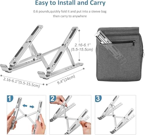 Adjustable Laptop Stand for Desk- Foldable Aluminum Laptop Stand Silver- Lightweight, Portable Laptop RiserDurable Laptop Holder Adjustable Compatible with MacBook, Dell, HP & More- 27x5.5x2.5cm