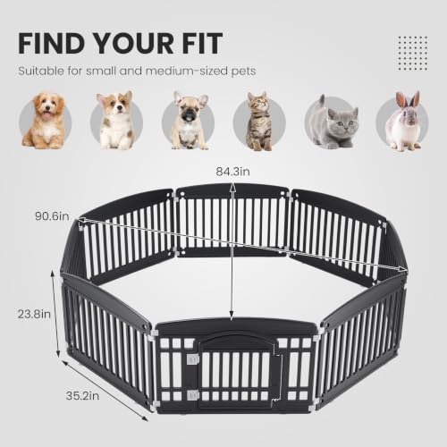 Image of Sweetcrispy Dog Playpen, Plastic Puppy Pet Fence, 8 Panels 24 Inch | Expandable Durable Plastic Build, Indoor Outdoor Portable, Secure Locking Door, Small Medium Size Dog, Black