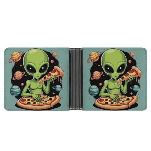 Mens PU Leather Bifold Wallet, Waterproof Lightweight Travel Purses Funny Space DJ Alien Eating Pizza Art Slim Thin ID Card Holder with Multiple Card Slots