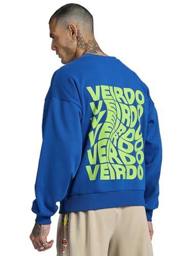 Image of Veirdo Cotton Polly Fleece Oversized Fit Blue Graphic Sweatshirt for Men