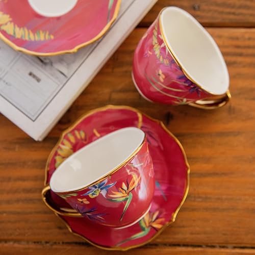 Image of Octavius Imperial Crimson Bloom Tea Set - 6 Porcelain Cups & Saucers, 200ML | Fine Floral Design with Gold Rims & Handles | Elegant Tea Set for Gifting, Home & Special Occasions