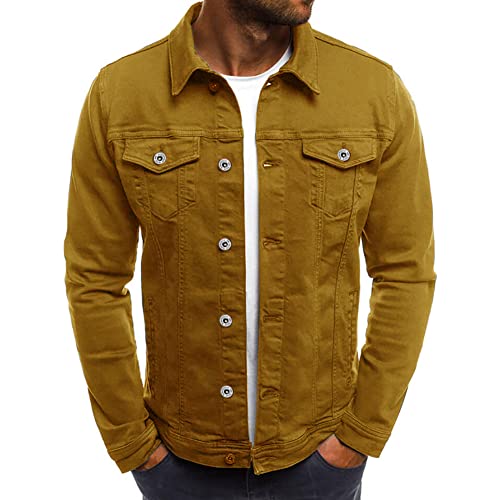 Longbida Men's Casual Classic Denim Jacket Slim Fit Fashion Jean Coat(Khaki,Large) #TOP26
