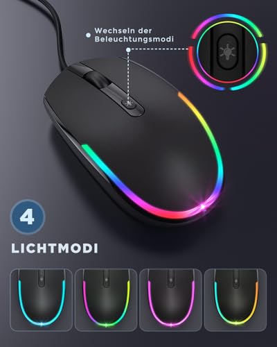 seenda Maus mit Kabel, PC Computermaus mit Kabel, 1600 DPI USB Maus Kabelgebunden für Laptop/PC/Computer/Mac, Schwarz