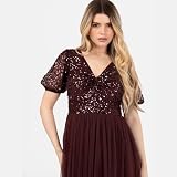 Maya Deluxe Damska sukienka maxi z dekoltem w serek, z wybijanym rękawem, z wybitym przodem, tiulowa, dla panny młodej, na studniówkę, bal, Cranberry, 44