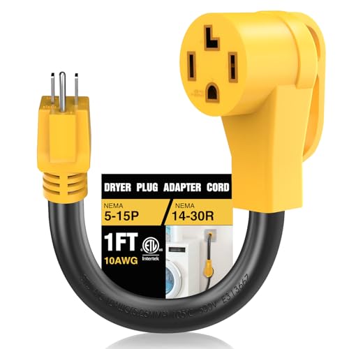 NEMA 5-15P to NEMA 14-30R Dryer Adapter Cord, 1FT 3-Prong Household Plug to 4-Prong Dryer Outlet Converter, 10AWG Heavy Duty STW Extension Cable, ETL Listed, Heat-Resistant for 120V Power (Yellow)