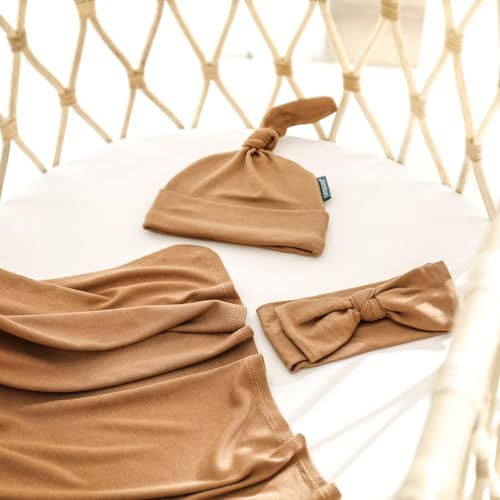 Image of GRSSDER Newborn Swaddle Blanket, Ultra Soft Jersey Receiving Blanket with Matching Headband and Beanie Set 33x44 inch, Stretchy Baby Neutral Swaddle Wrap for Girls and Boys
