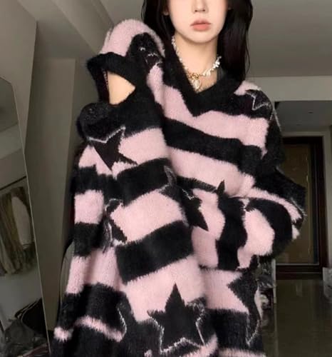 Goth Star Print Sweater Y2K Graphic Knit Striped Grunge Streetear Clothes4
