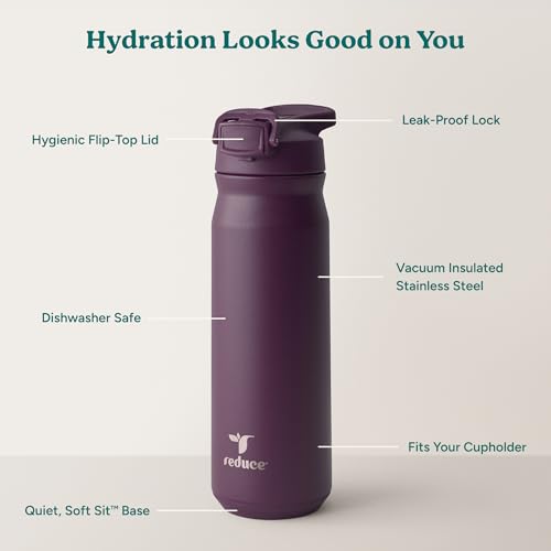 Image of REDUCE 24 oz Hydrate Pro Stainless Steel Insulated Water Bottle - Flip Top Leak-Proof Lid,Dishwasher Safe, BPA-Free, Dual Wall Vacuum, Keeps Drinks Cold for 48 Hrs, Cup Holder Friendly - Midnight Plum