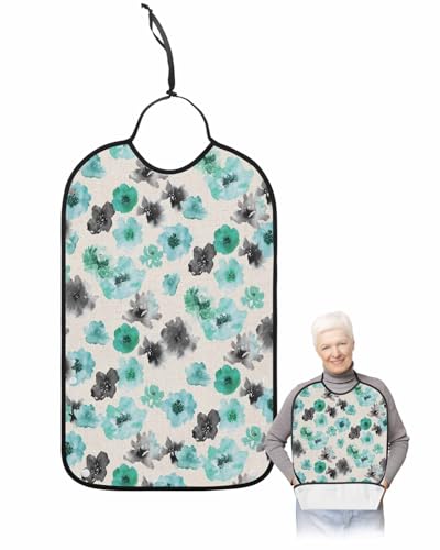 LEOKOTI Teal Black Spring Floral Adult Bibs for Eating, Waterproof Bibs with Food Catcher & Adjustable Snap Closure, Watercolor Botanical Rustic Washable Clothing Protectors Adult Bibs for Elderly