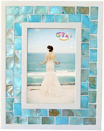 GIFTME 5 Picture Frame 5x7 Mother of Pearl Mosaic Photo Frame,Beach Tabletop or Wall Hanging Picture Frame(5x7 inch, Blue,1pc)