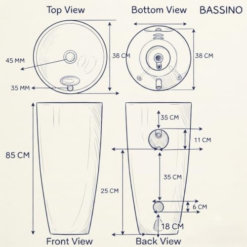 Image of BASSINO 15x15x34 Inches Ceramic Pedestal Wash Basin /7 Years Warranty /One Piece Free Standing Basin For Bathroom /Living Room /Round Modern Sink For Hotel /Floor Mounted Washbasin(Glossy White & Gold)