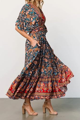 R.Vivimos Women's Summer Boho Floral Print Midi Dress Short Sleeve Deep V Neck Empire Waist Flowy Beach Dress with Pockets3