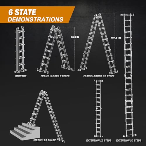 Soctone Ladder, A Frame 6 Step Extension Ladder, 22 Ft with Multi Position & Removable Tool Tray with Stabilizer Bar, 330 lbs Weight Rating Telescoping La dder for Household or Outdoor Work