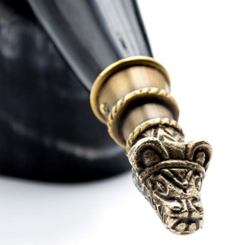 Norse Tradesman Genuine 20" Ox-Horn Viking Drinking Horn With Horn Stand & Brass Wolf Adornments | Burlap Gift Sack Included | "The Fenrir", Polished, 20-Inch