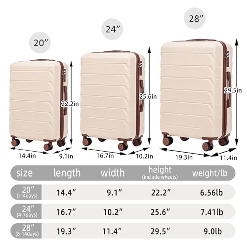 20"/24"/28" 3 pcs/set in ABS Spinner Wheel Luggage, Matching Color, With Combination Lock (Beige)4