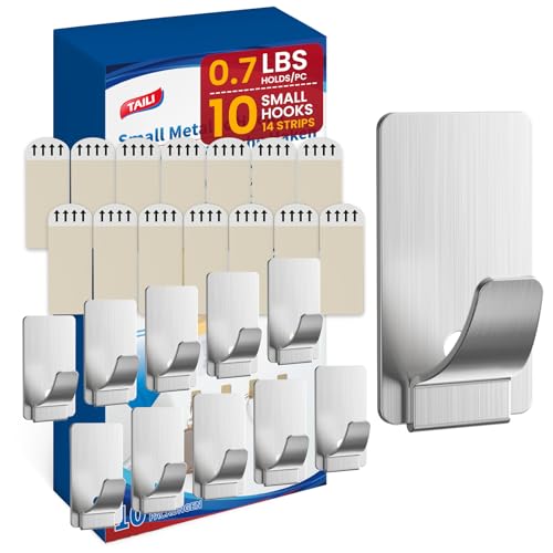 Image of TAILI Hooks for Hanging 10 Metal Sticky Hooks and 14 Adhesive Strips Silver