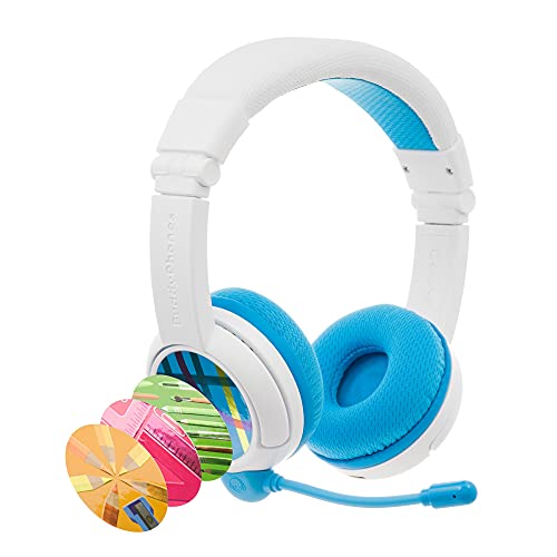BuddyPhones School+ Wireless Kids Headphones, SafeAudio 75/85/94dB, Detachable Boom Mic, Cable Sharing, Travel Bag, Perfect for School, Travel & iPad (Blue)