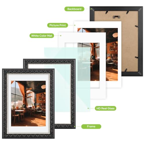 Image of Golden State Art, 10X14 Ornate Finish Photo Frame With White Mat for 8.5x11 Picture & Real Glass, Color: Black With Silver & Burgundy