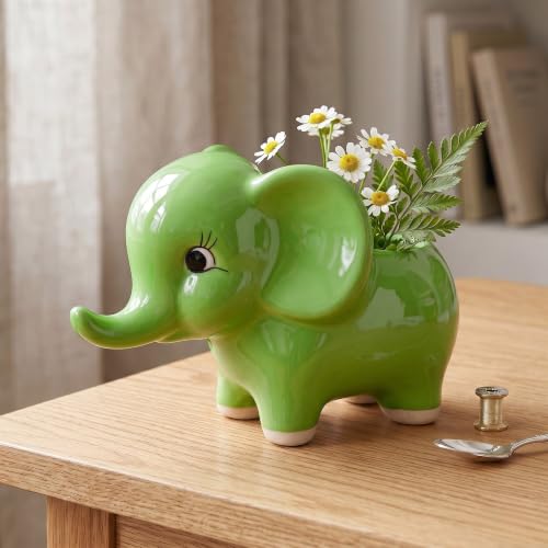 Image of Ceramic Elephant Succulent Planter Pots - Set of 2, Green Glossy Flower Pots for Indoor Home Decor, Office Desk, Balcony & Gifting (Plants Not Included)