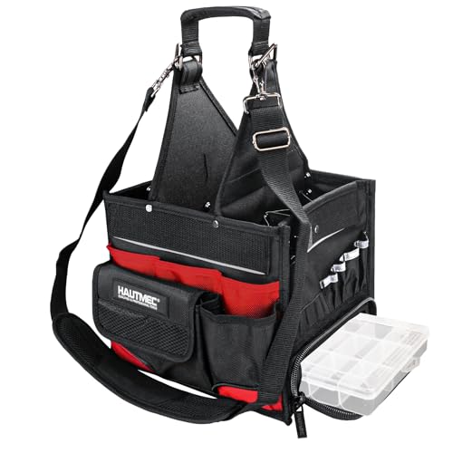 HAUTMEC Heavy-Duty Tool Bag with Parts Tray, 37-Pocket Open Top Electrician Tool Tote Bag with Anti-Tip Box-Shaped Design, Padded Shoulder Strap, Thickened Oxford Fabric & Reinforced Base – HT0174