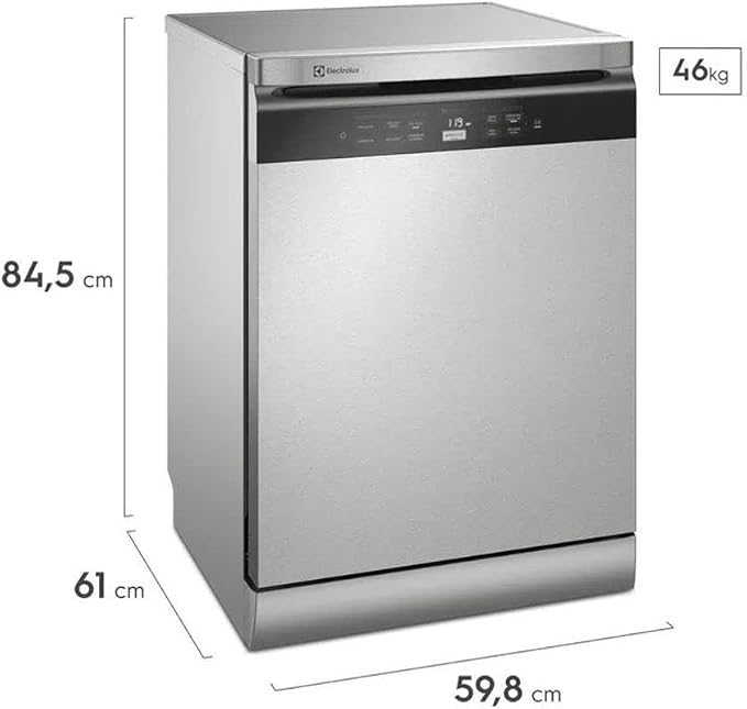 Vista angular da Lava-Louças Electrolux LL14X em inox, destacando suas dimensões de 84,5 cm de altura, 59,8 cm de largura, 61 cm de profundidade e peso de 46 kg.