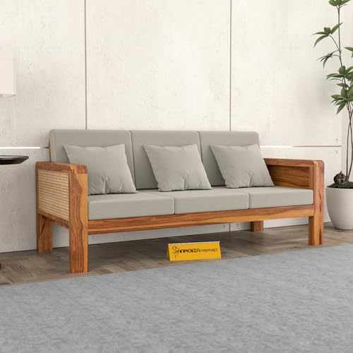Image of Sheesham Wooden 3 Seater Sofa for Living Room | Solid Wood Sofa with Cane Side Panel | Rosewood Sofa Set for Home & Office | Lounge (Honey Finish, 3 Seater)