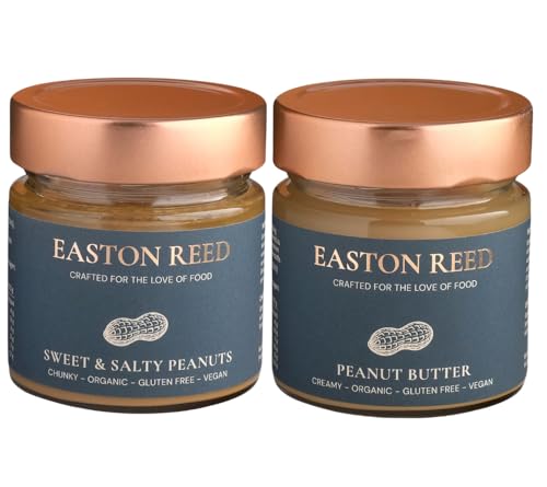 EASTON REED Dúo de Mantequilla de Cacahuete Bio, 1x Cremosa y 1x Crujiente Dulce y Salado – Mantequilla de cacahuete sin aceite de palma, vegana, cremosa, topping crujiente para porridge, bowls