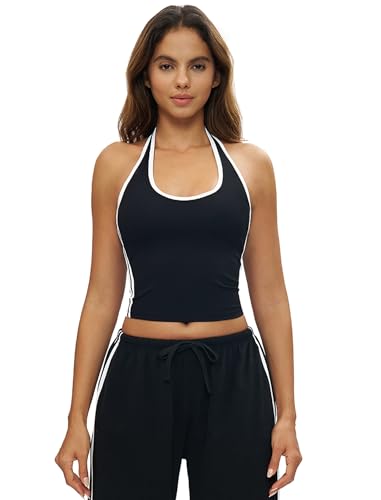 Odizli Sport Top Damen mit Integriertem BH Sommer Neckholder Rückenfrei Ärmellos Crop Tank Oberteile Sporttop Yoga Gym Fitness Tennis Tanktop Lauftop Sportbh Sportshirt Sportoberteil Schwarz M