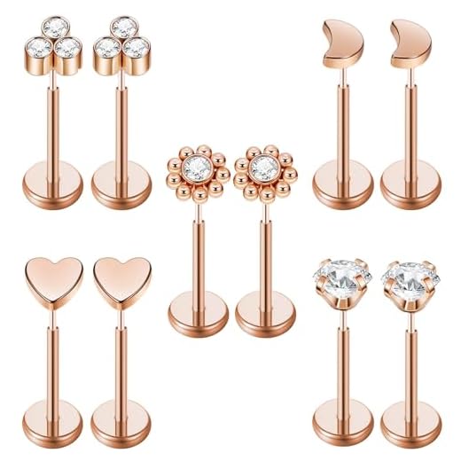 Uni-J 10pcs 18G Threadless Push-in Tragus Conch Cartilage Flat Back Helix Labret Monroe Lip Ring Daith Piercing Jewelry(Rose Gold)