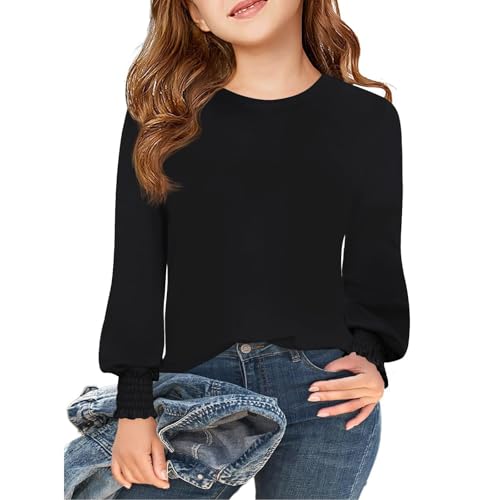 Girls Puff Long Sleeve Girls Shirts Crewneck Fall Clothes Classy Solid Clothes Kids Vacation Outfits with Smocked Cuffs - Main Image