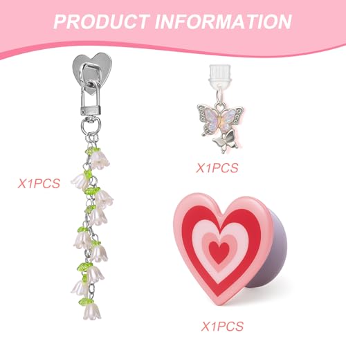 AIERSA Cute Charms Set for Kindle,Included Dust Plug Charm Type C/USB C,Heart Grip Holder,Flower Keychain with Hook for Kindle Accessories,Compatible with Kindle Paperwhite 11th 12th Generation-Pink - Thumbnail 3