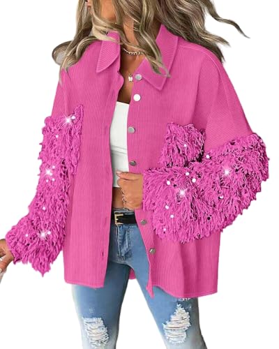 CHICME Women's Casual Oversized Button Down Corduroy Shirt Jacket Long Sleeve Shacket with Fringe