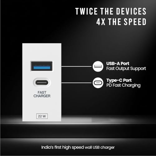 Image of 22W Fast Charging Wall Charger | Dual Port USB Type C Adapter Modular Socket | Power Socket with USB for Modular Switch Board & Wall Socket - White