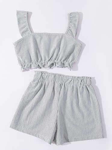 Image of Girl's Summer Clothing Sets Knit Ruffle Striped T-Shirt and Shorts 2 Piece Outfits